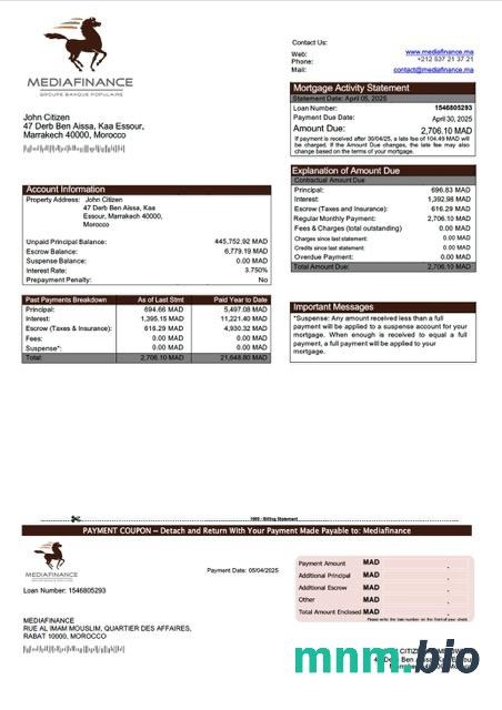 Maroko Mediafinance wyciąg z kredytu hipotecznego szablon Word i PDF